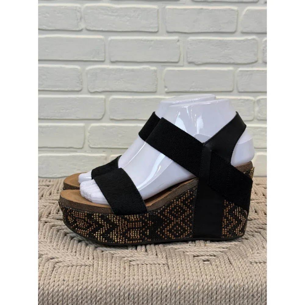 OTBT Bushnell Platform Wedge Sandals Black Calf Hair Size 7